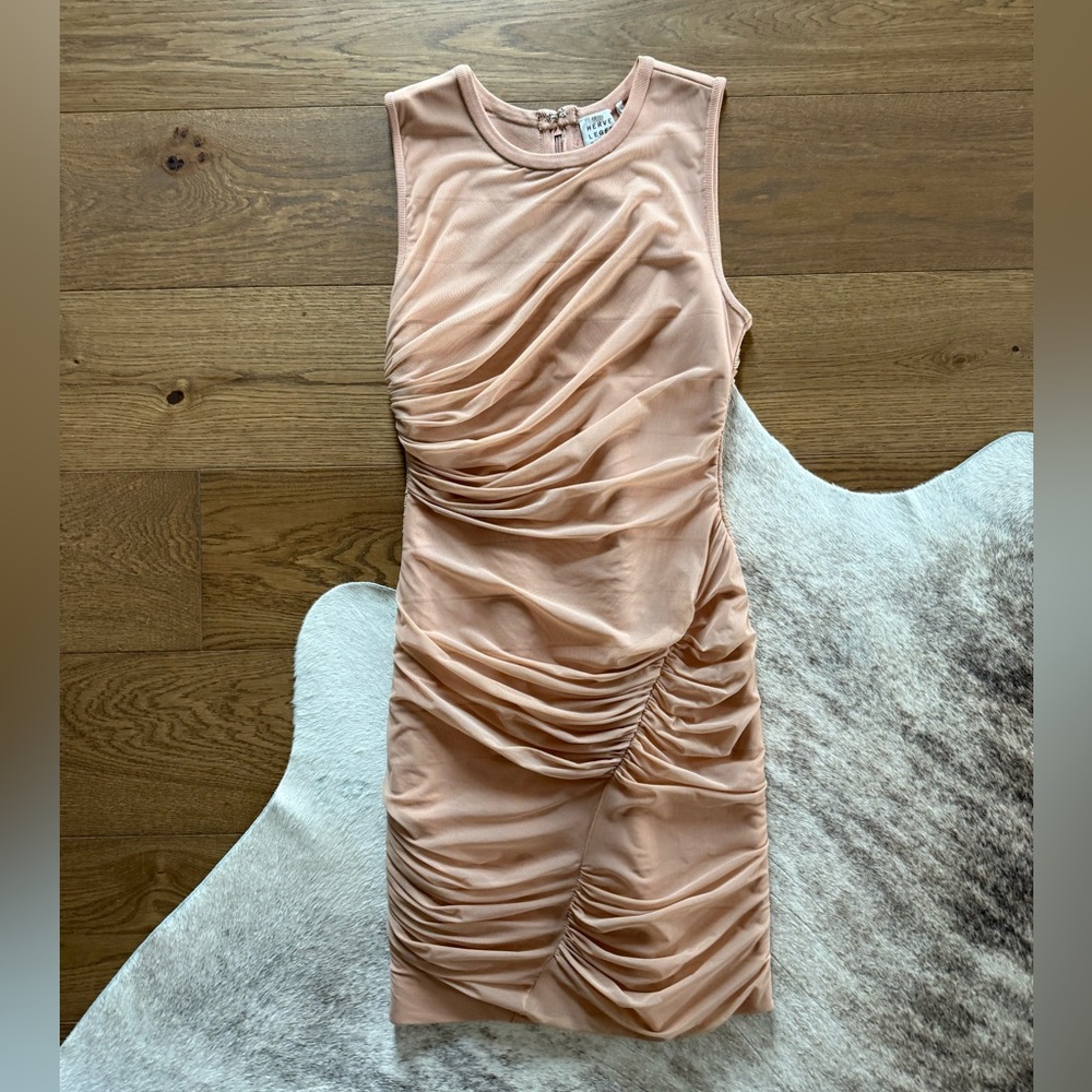 Herve Leger Ruched Mini Dress in Blush - Size L